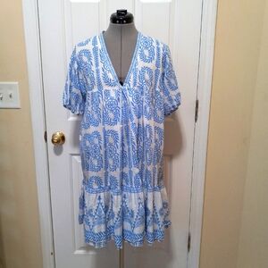 VINTAG2 IBIZA  womens blue white cotton A-Line lightweight dress size Large